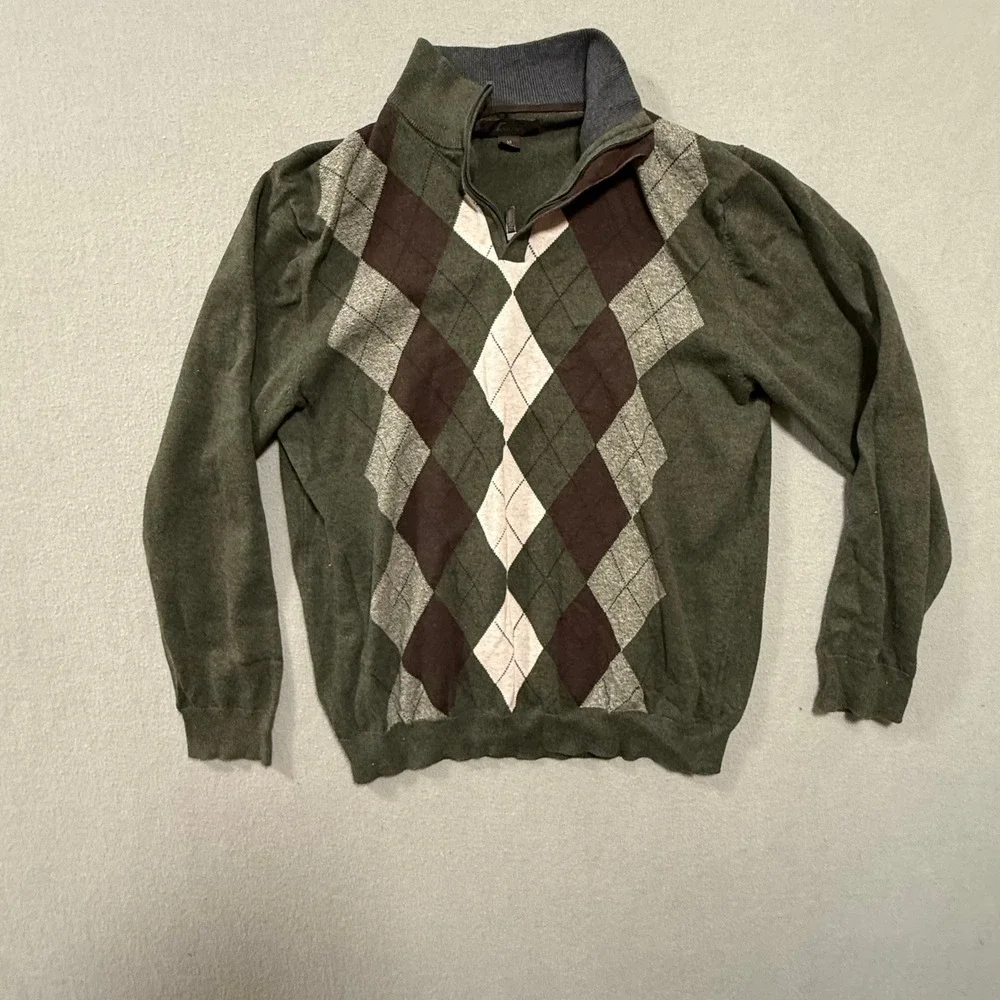 Preppy Retro Golf Green Grey Argyle 1/4 Zip‎ Cotton Pullover Sweater Men Medium